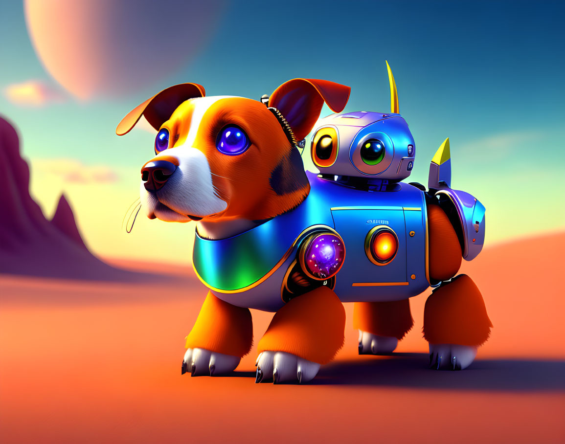 Colorful Dog in Robotic Suit with Robot in Alien Landscape