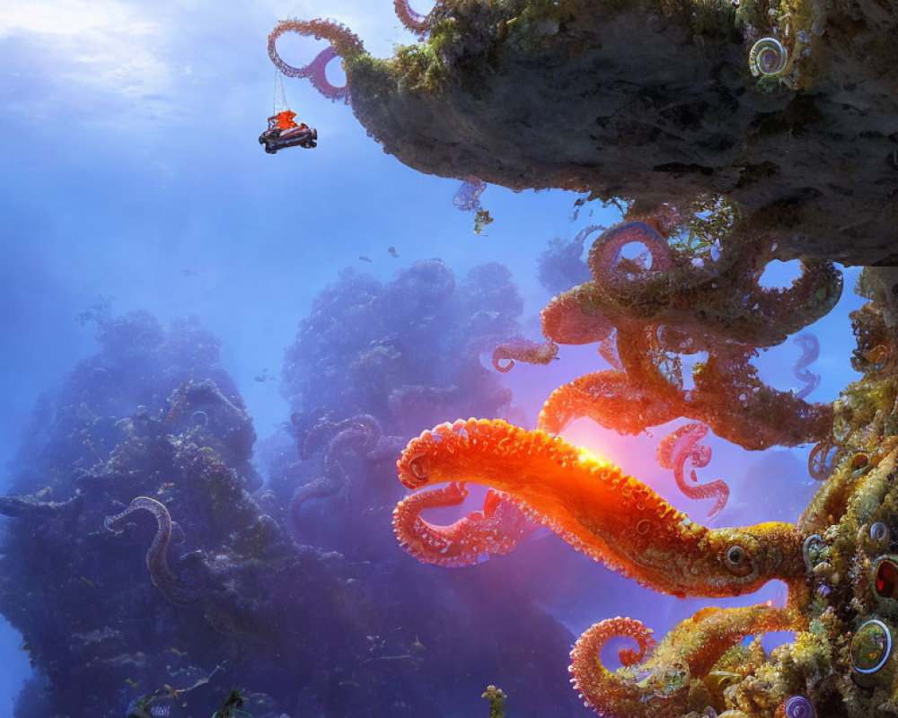 Underwater Scene: Divers Explore Surreal Landscape with Octopus Tentacles