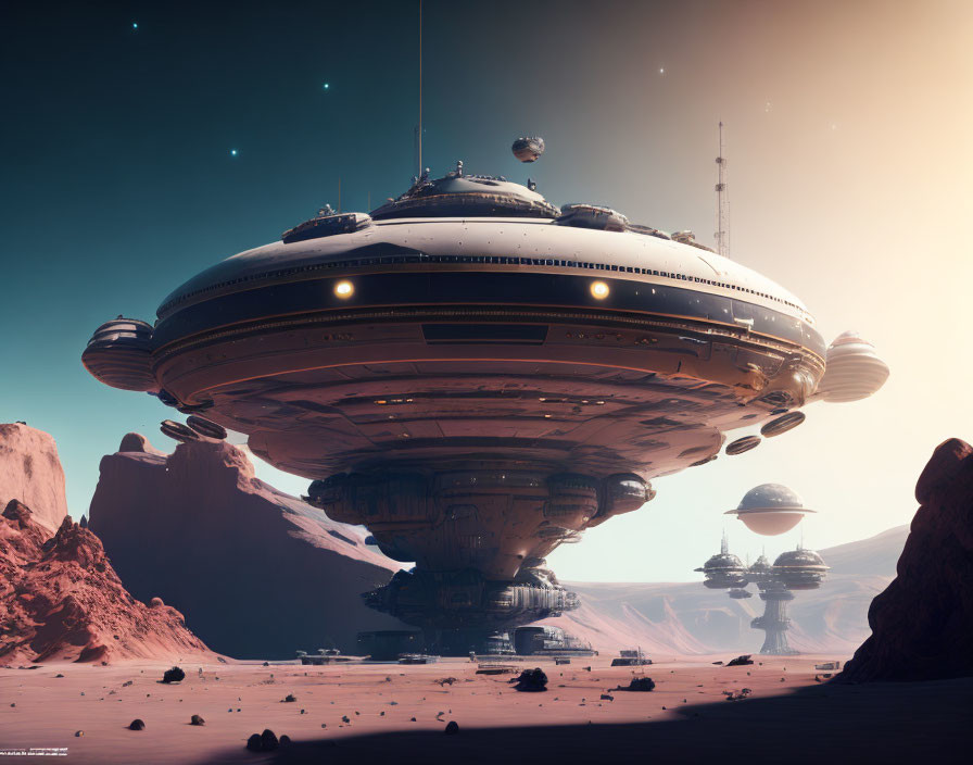 Futuristic saucer-shaped structures hover over desert landscape