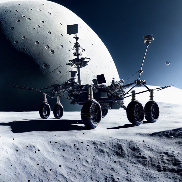 Intricate lunar rover on moon-like surface with large wheels