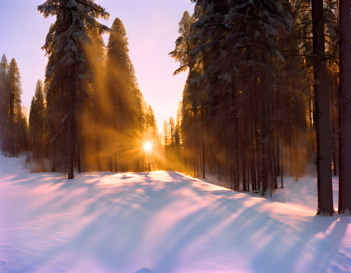 Winter forest sunset with golden hues and long shadows on snow.