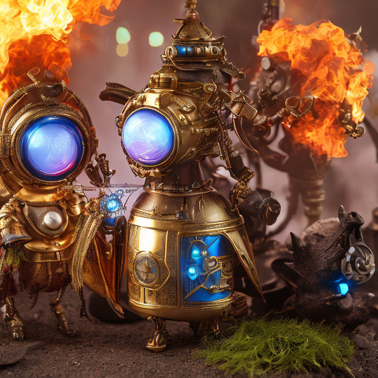 Intricately Designed Steampunk-Style Robots in Misty Setting