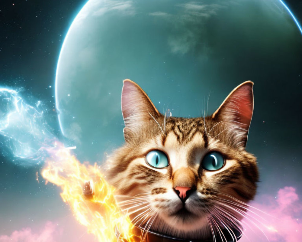 Tabby cat in space suit with blue eyes and flames, moon and stars backdrop