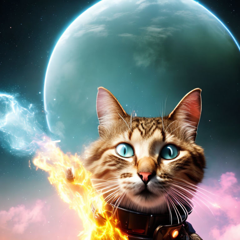 Tabby cat in space suit with blue eyes and flames, moon and stars backdrop