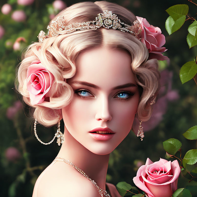 Blond Woman with Tiara and Pink Roses Portrait