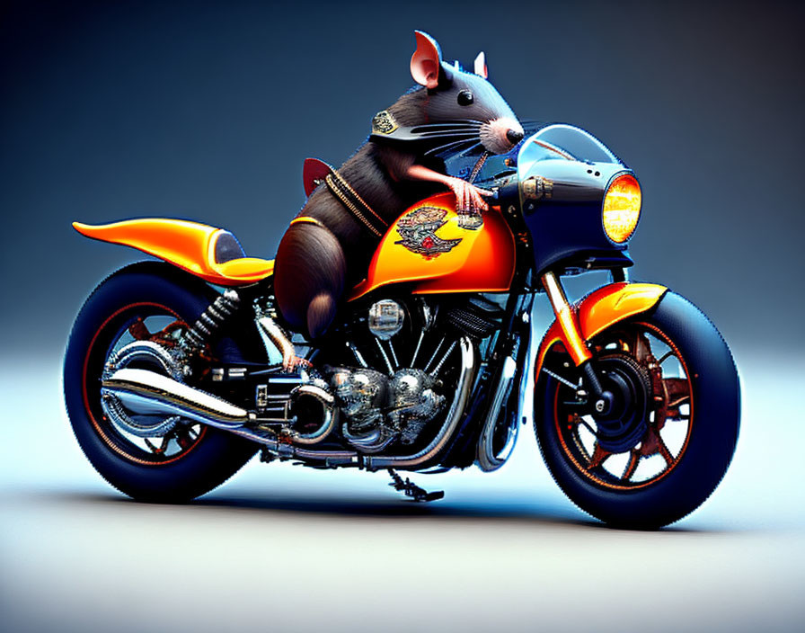 Anthropomorphic rat on orange motorcycle with flame decals in blue background