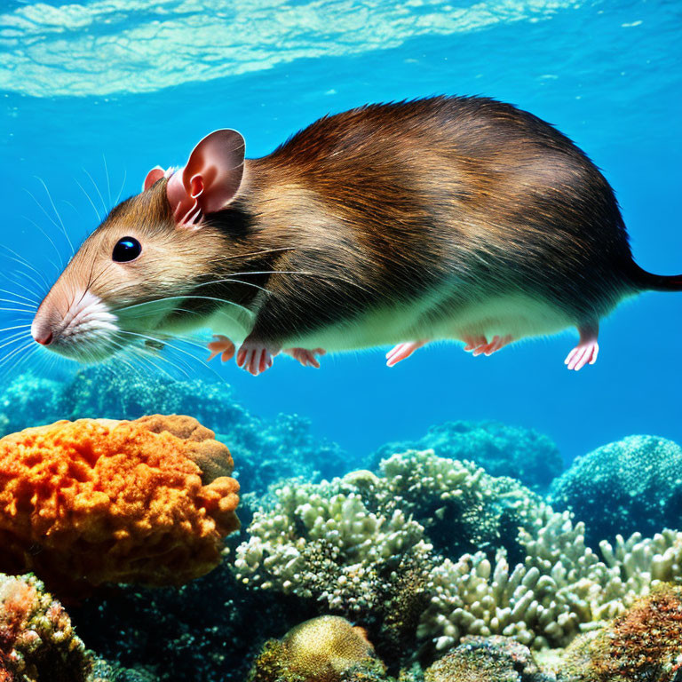 Digitally manipulated image of mouse swimming in vibrant coral reefs