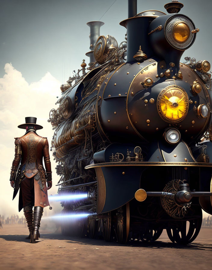 Victorian-themed person with top hat beside steampunk train under hazy sky