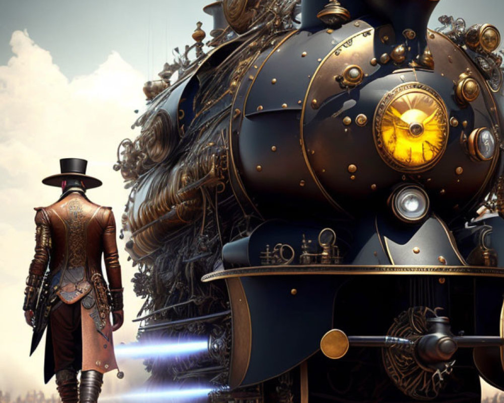 Victorian-themed person with top hat beside steampunk train under hazy sky