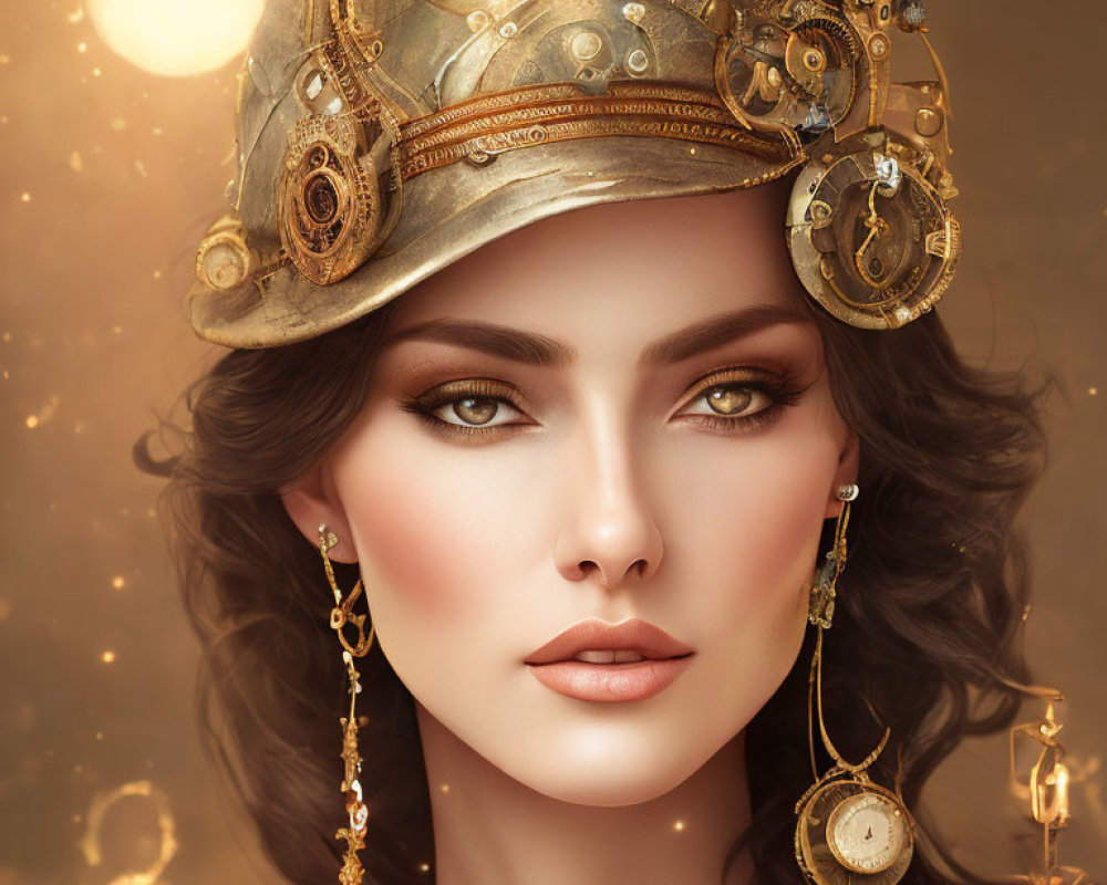 Steampunk-style woman digital artwork with intricate headgear and elegant earrings on warm bokeh-lit