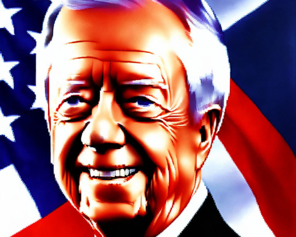 Smiling man with white hair in suit against American flag background