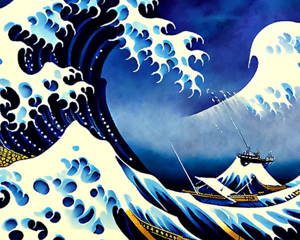 Stylized image of blue and white waves crashing on boats with Mt. Fuji