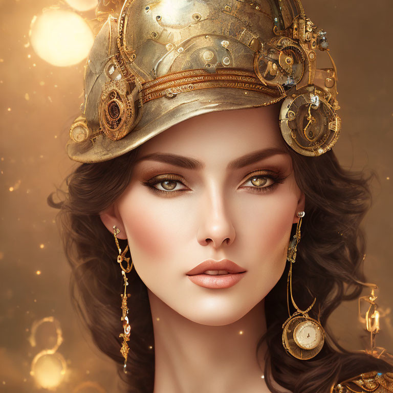 Steampunk-style woman digital artwork with intricate headgear and elegant earrings on warm bokeh-lit