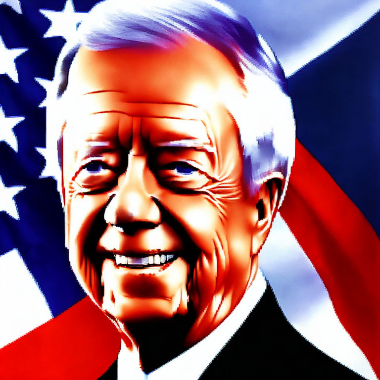 Smiling man with white hair in suit against American flag background