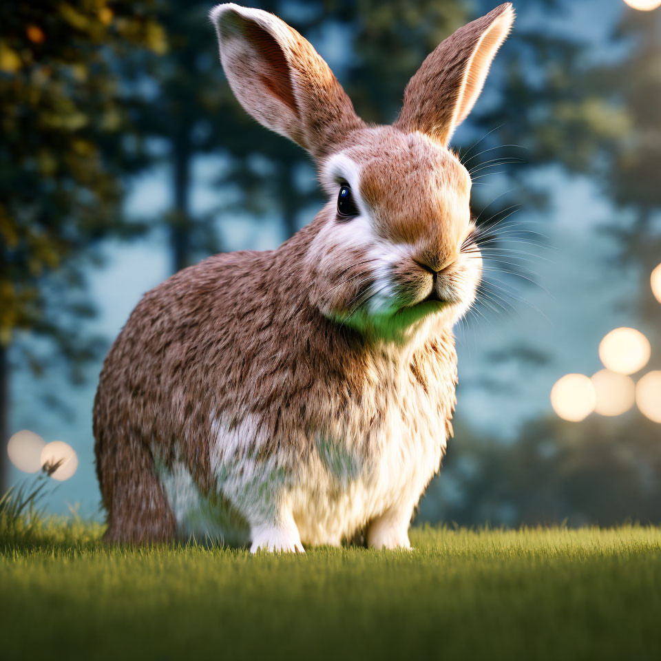 Realistic Brown Rabbit Illustration in Green Meadow at Twilight