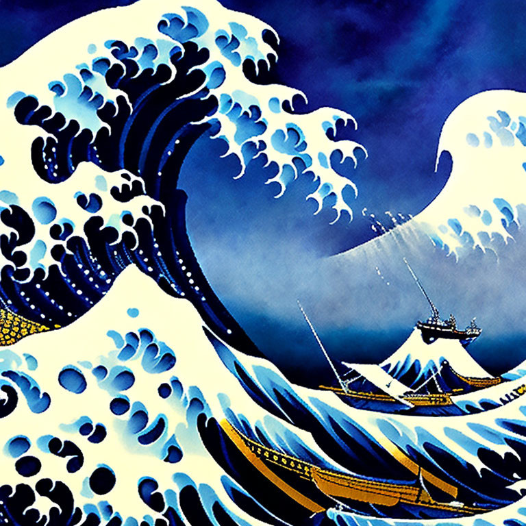 Stylized image of blue and white waves crashing on boats with Mt. Fuji