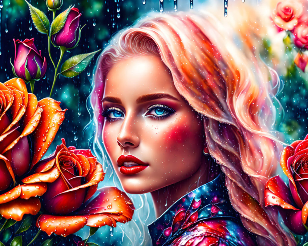 Digital Art: Woman with Blue Eyes Surrounded by Orange Roses in Rainfall