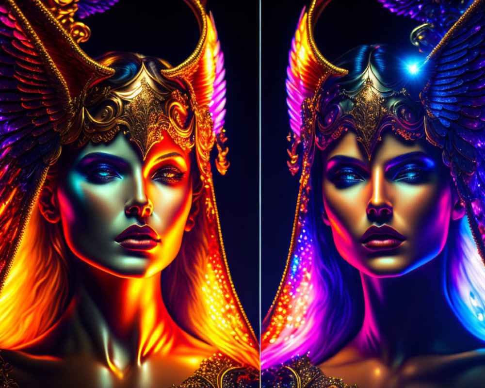 Colorful digital artwork: Woman with mythical headdress in iridescent glow