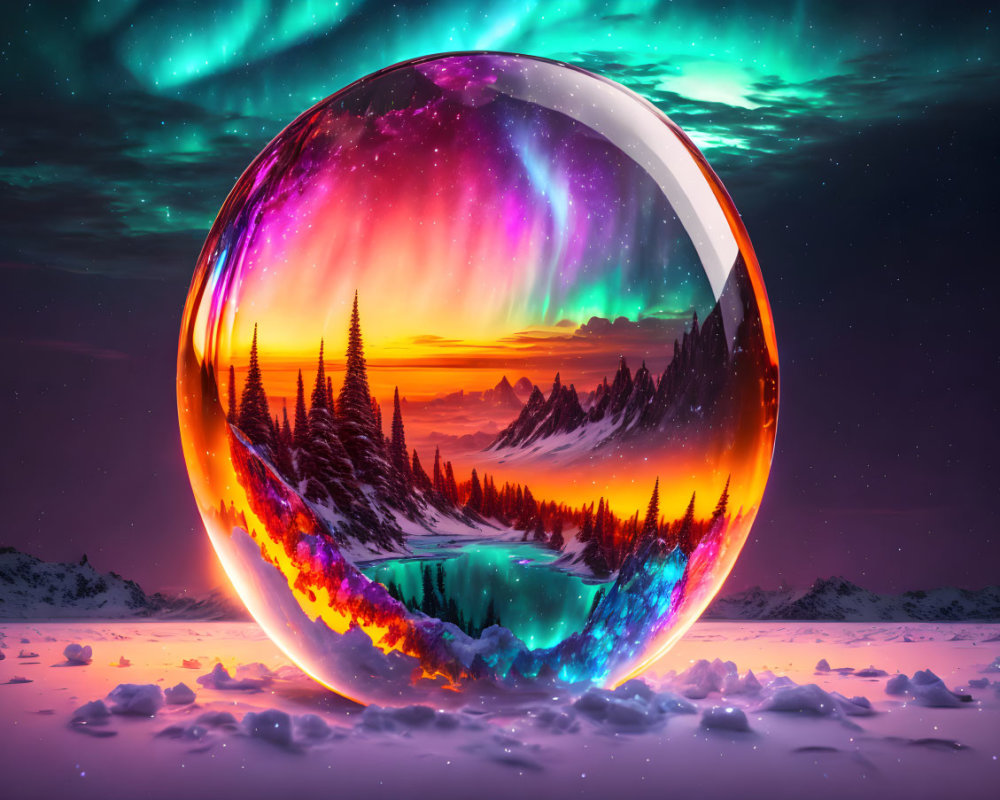 Colorful Aurora Borealis Sky Reflecting on Snowy Landscape with Sphere