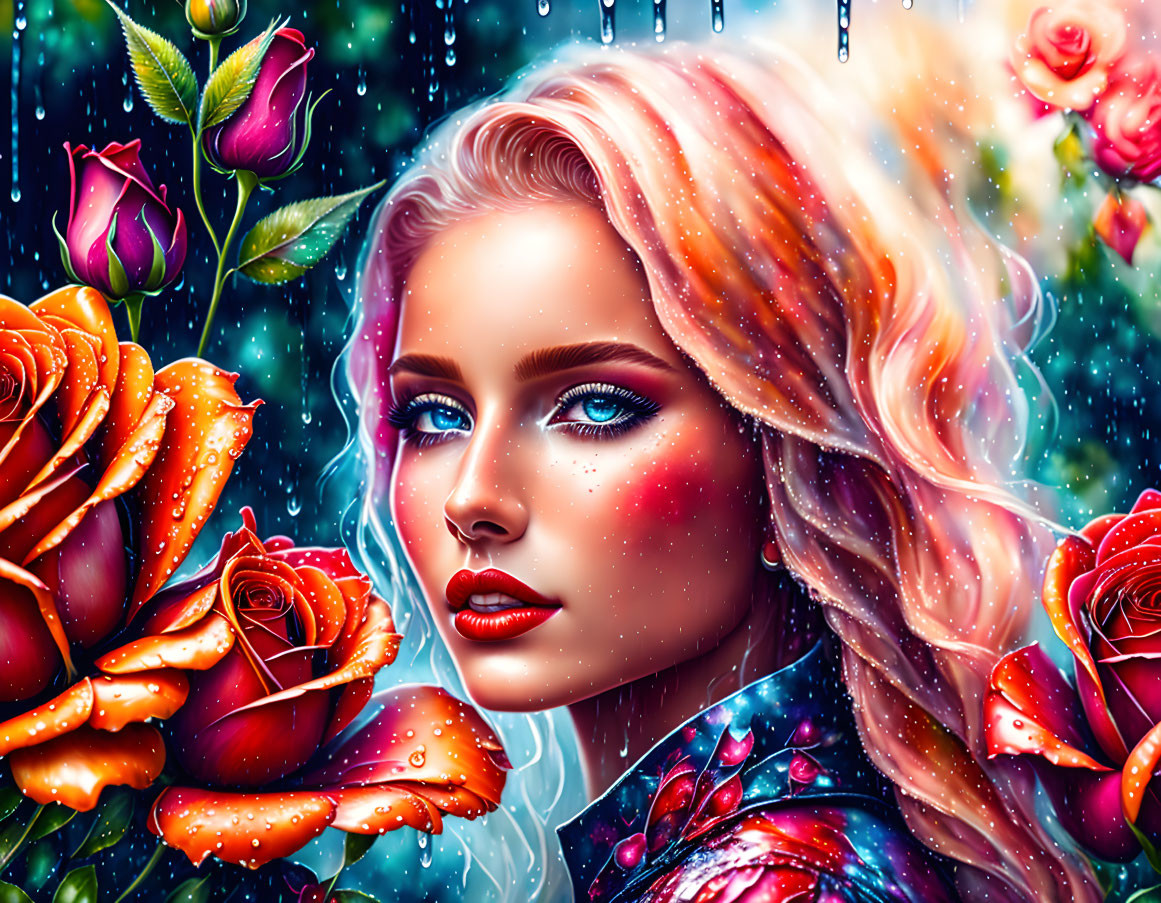 Digital Art: Woman with Blue Eyes Surrounded by Orange Roses in Rainfall