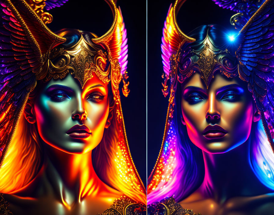 Colorful digital artwork: Woman with mythical headdress in iridescent glow