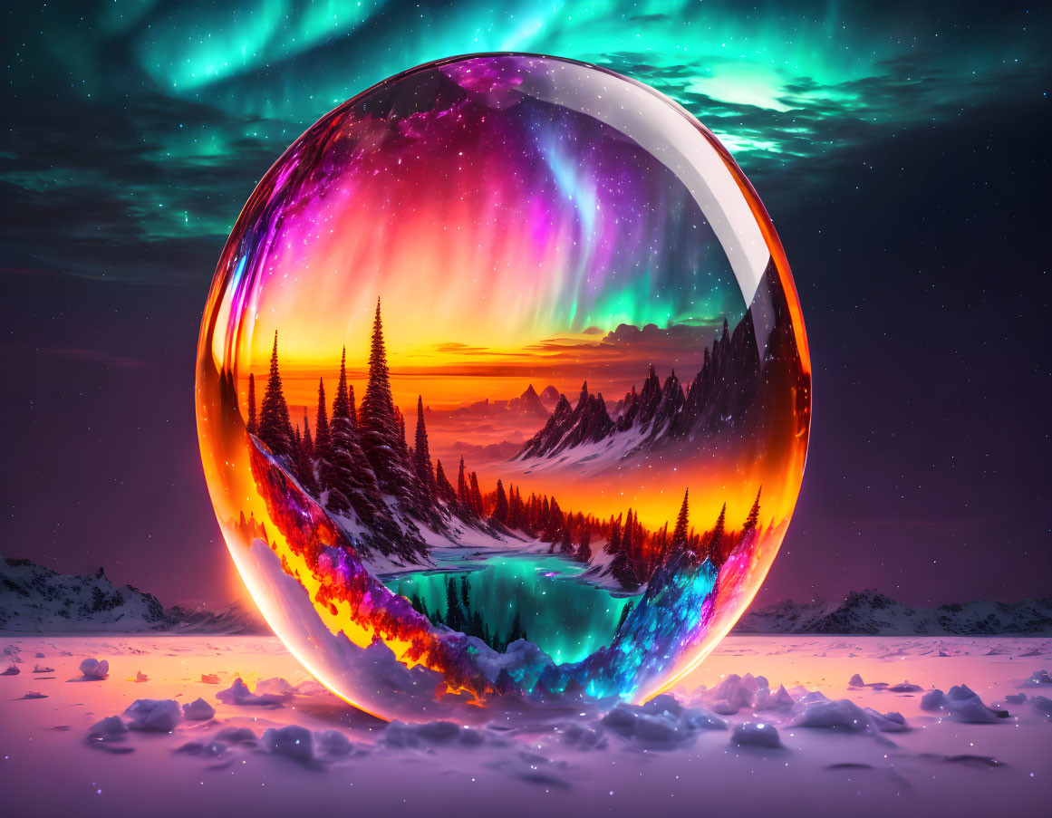 Colorful Aurora Borealis Sky Reflecting on Snowy Landscape with Sphere