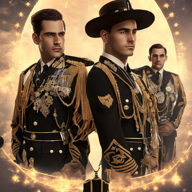 Three men in ornate military uniforms with medals against a golden starry backdrop