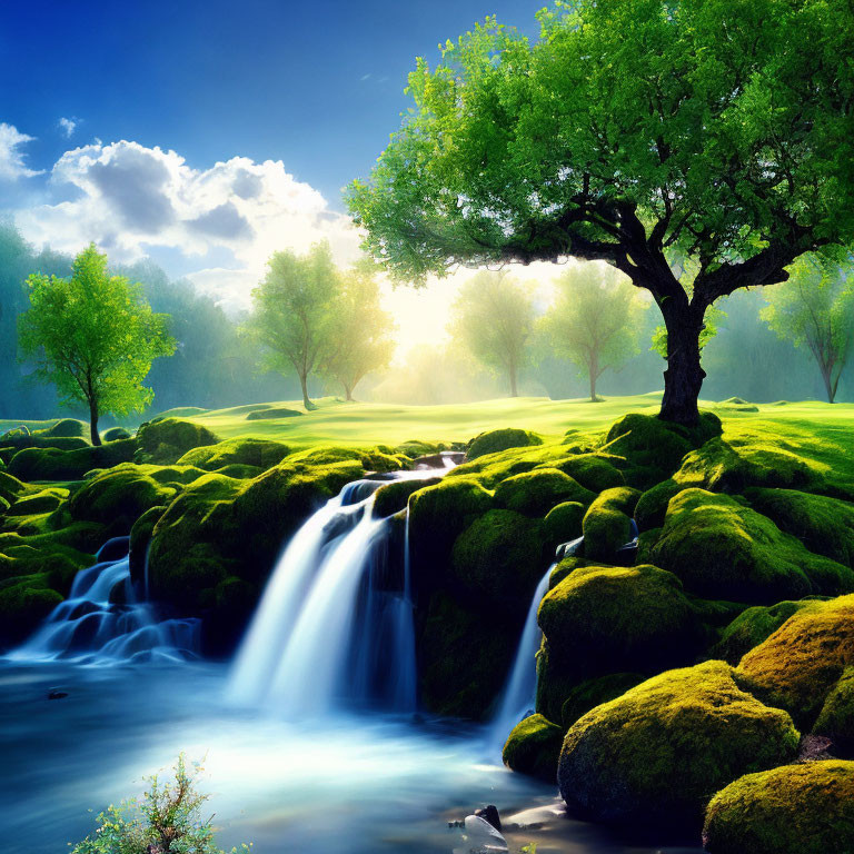 Tranquil waterfall scene with moss-covered rocks and lush greenery