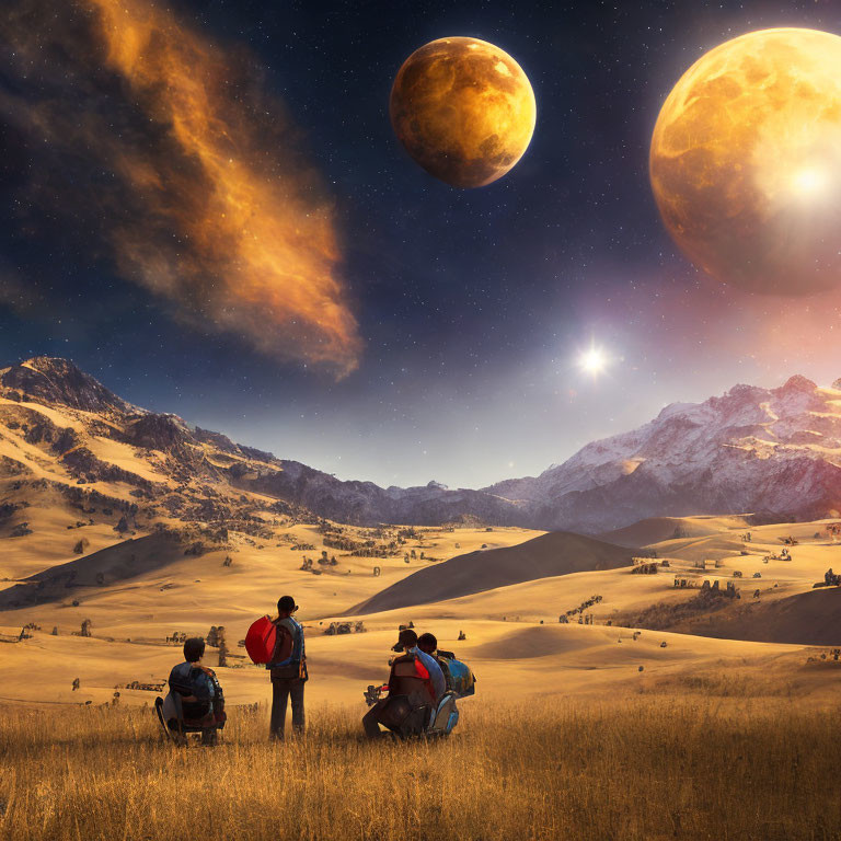 Three people observing surreal scene with large planets above mountainous landscape