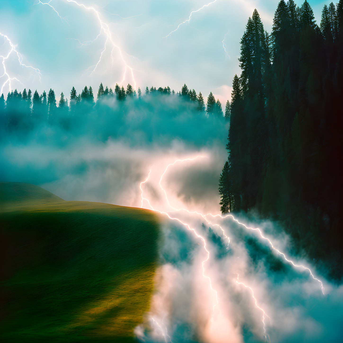 Dramatic landscape with lightning bolts above misty forest