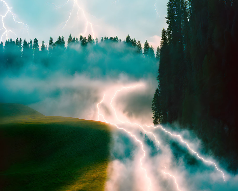 Dramatic landscape with lightning bolts above misty forest