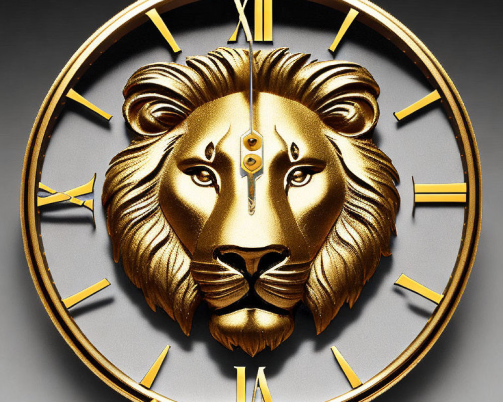 Luxurious Golden Clock with Roman Numerals and Lion's Face on Black Background