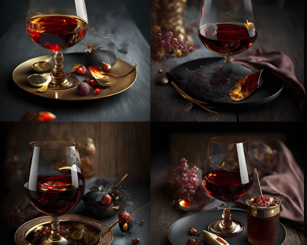 Four Elegant Still-Life Cognac Glass Compositions with Fruit and Nuts