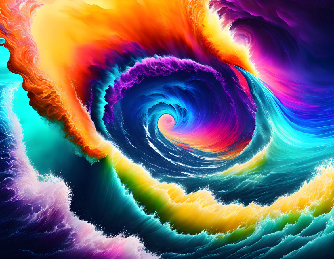 Colorful Swirling Vortex Digital Artwork in Blues, Oranges, Purples, and