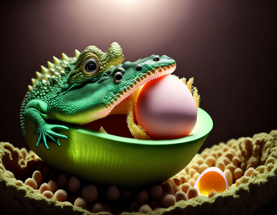 Toy-like lizards cuddling with orange sphere on dark background