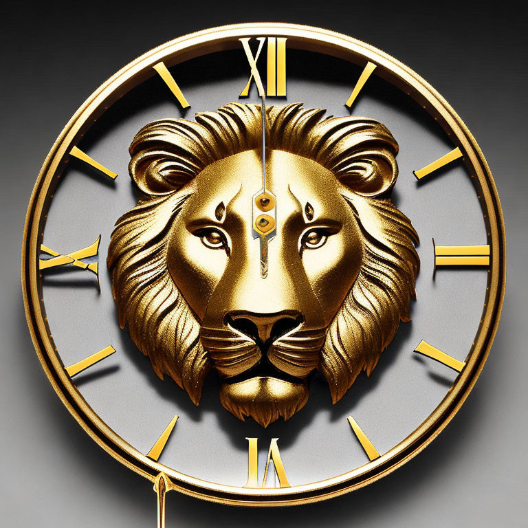 Luxurious Golden Clock with Roman Numerals and Lion's Face on Black Background