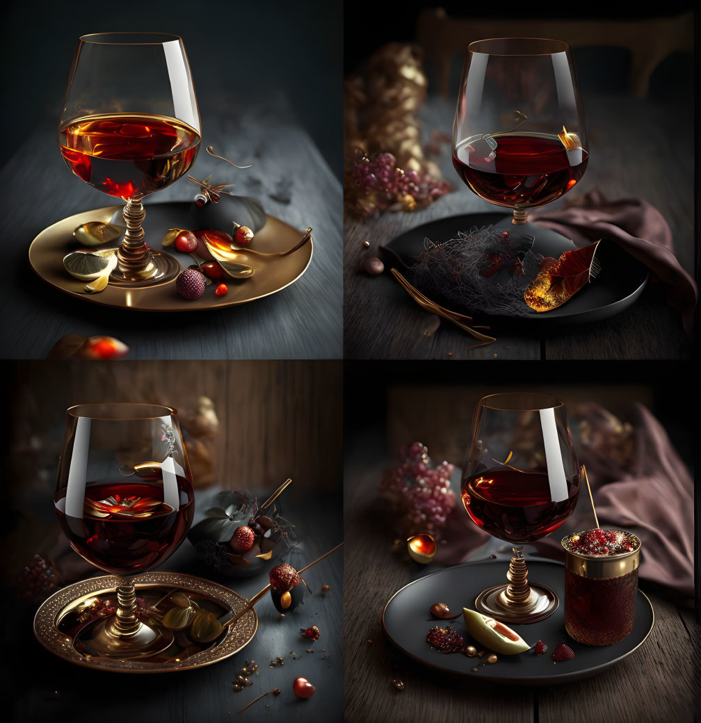 Four Elegant Still-Life Cognac Glass Compositions with Fruit and Nuts