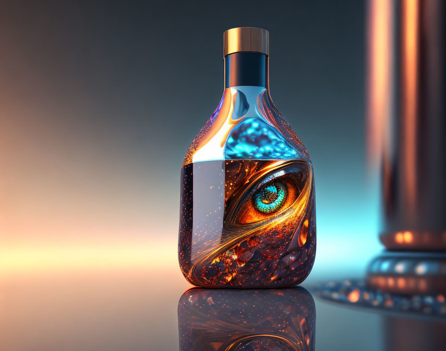 Surreal image: vivid blue-orange liquid in bottle with human eye, against cool blue backdrop