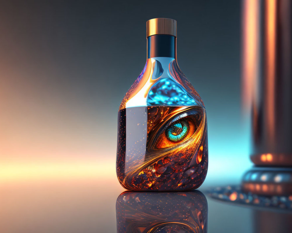 Surreal image: vivid blue-orange liquid in bottle with human eye, against cool blue backdrop