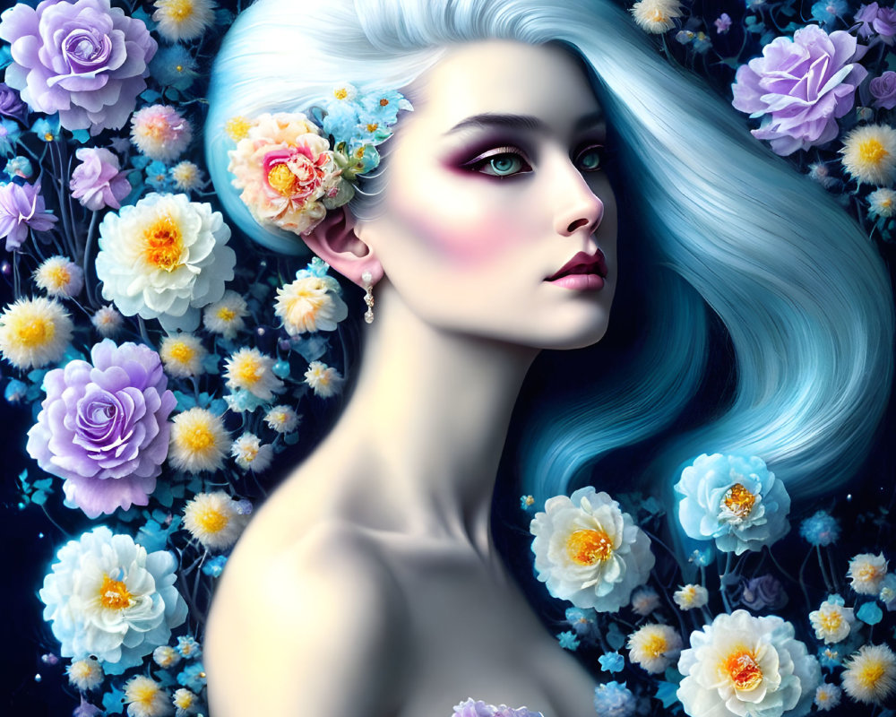 Vibrant teal-haired woman with floral hair surrounded by pastel roses