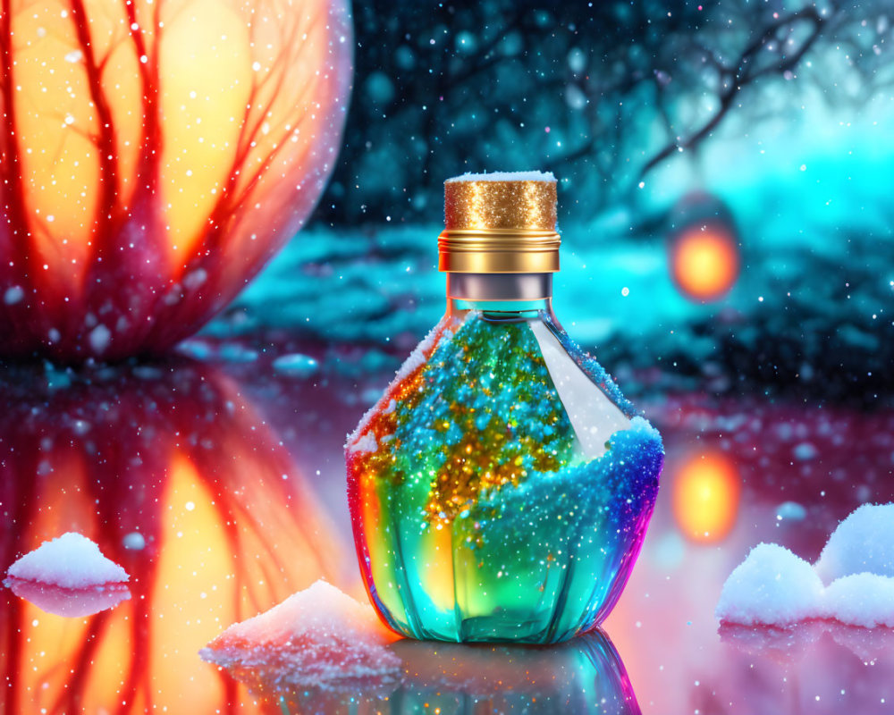 Glowing potion bottle in snow with bokeh lights