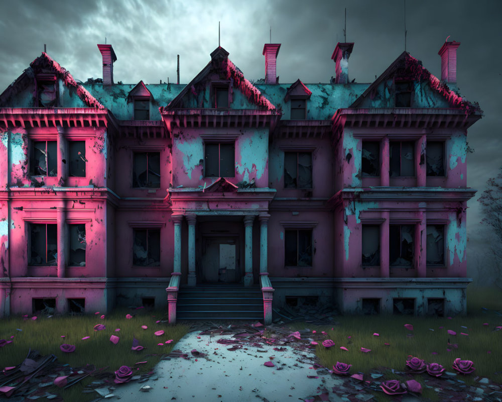 Victorian mansion in disrepair under stormy sky with vibrant pink and blue hues, scattered rose petals