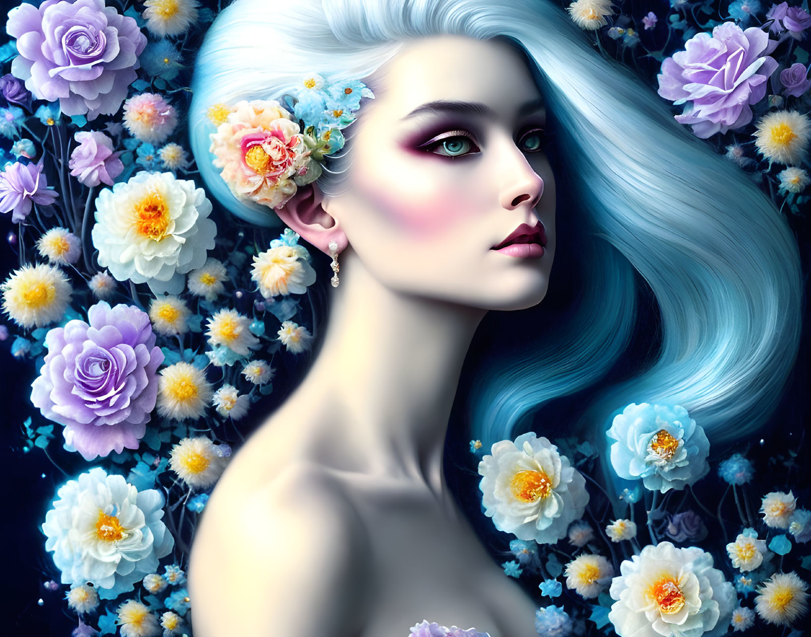 Vibrant teal-haired woman with floral hair surrounded by pastel roses