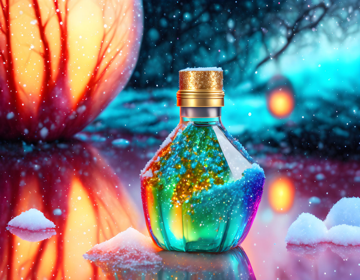 Glowing potion bottle in snow with bokeh lights