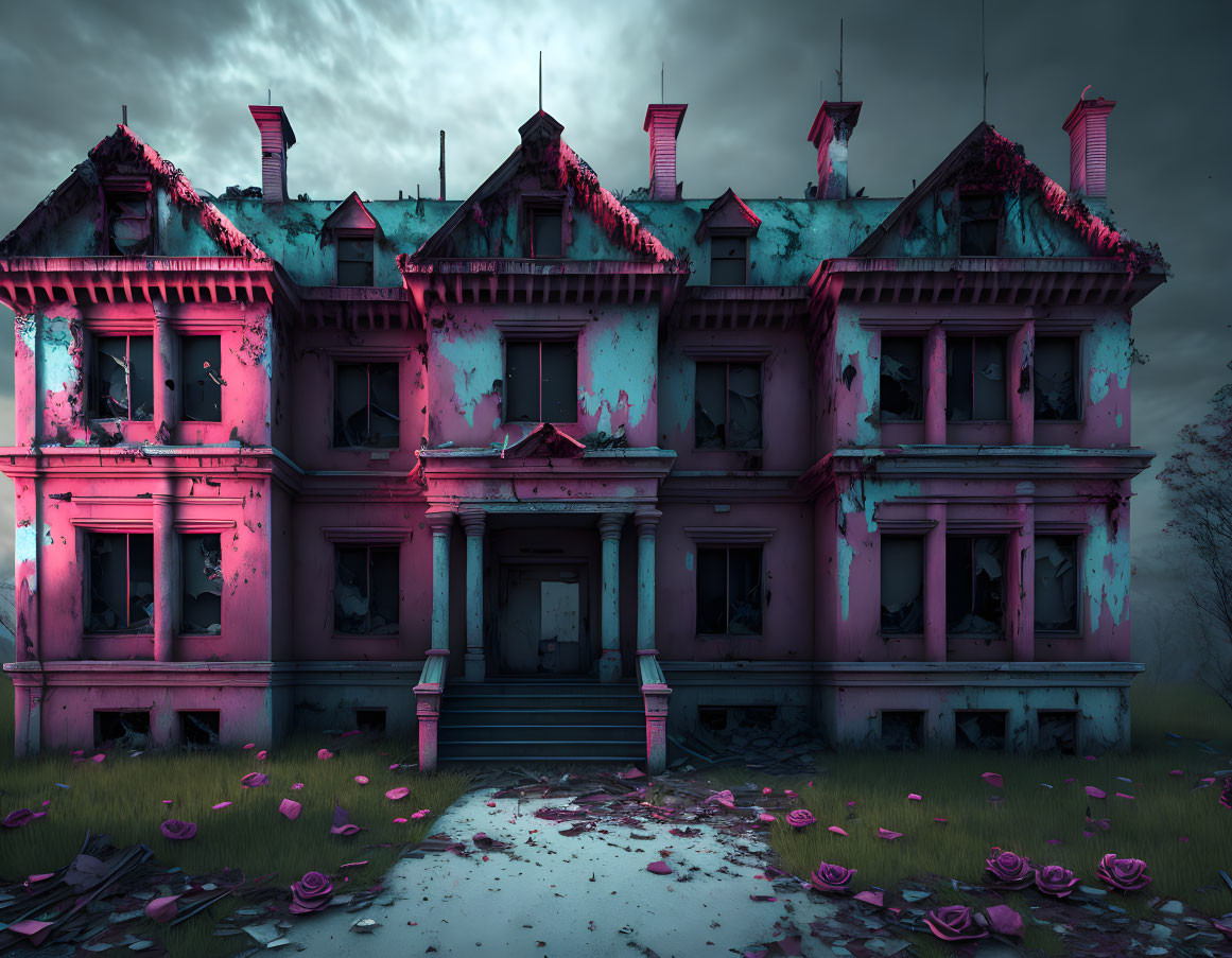 Victorian mansion in disrepair under stormy sky with vibrant pink and blue hues, scattered rose petals