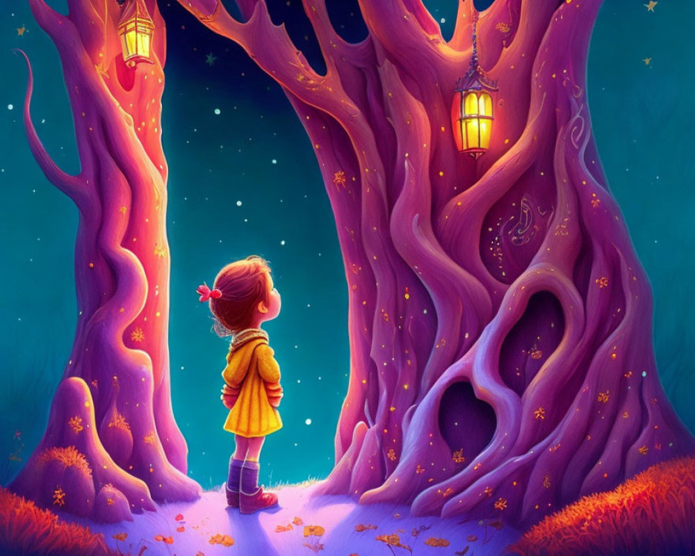 Young girl gazes into glowing star-filled portal between mystical trees at night