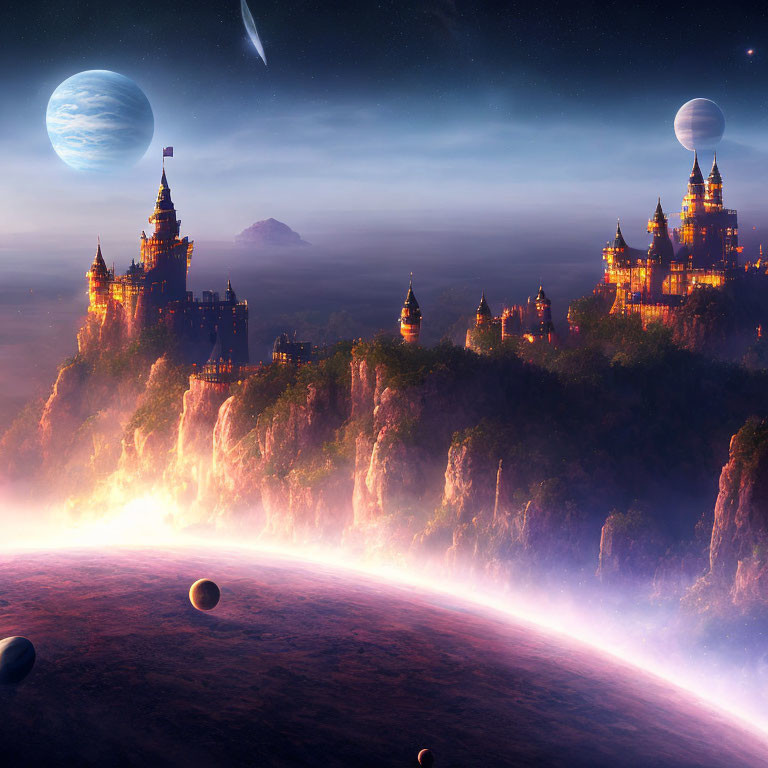 Majestic castles on cliffs under multiple moons in a fantasy landscape