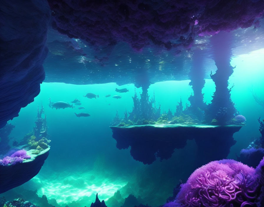 Mystical underwater landscape with floating islands and coral formations