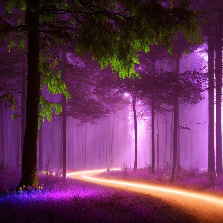 Mystical forest scene with vibrant purple hues and glowing green foliage