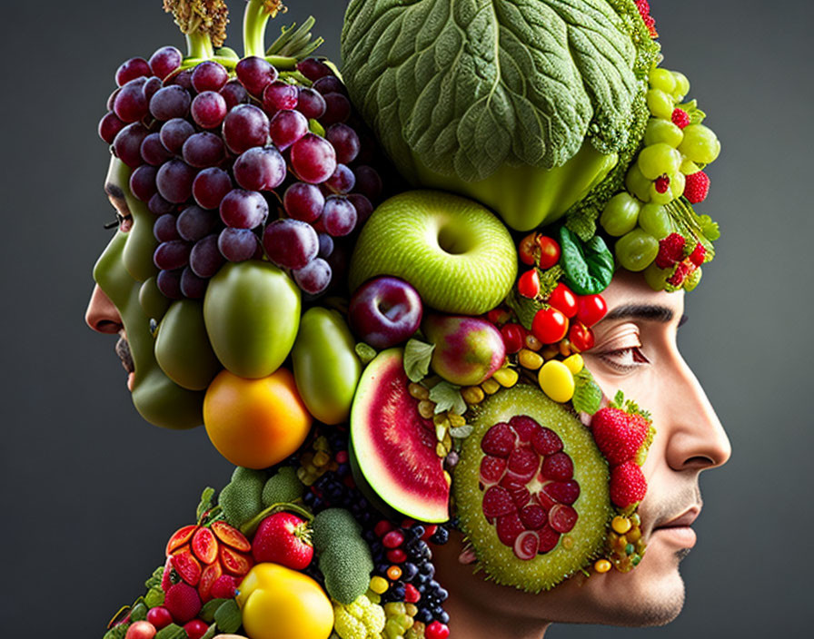 Artistic profile view of faces with fresh fruits and vegetables as features